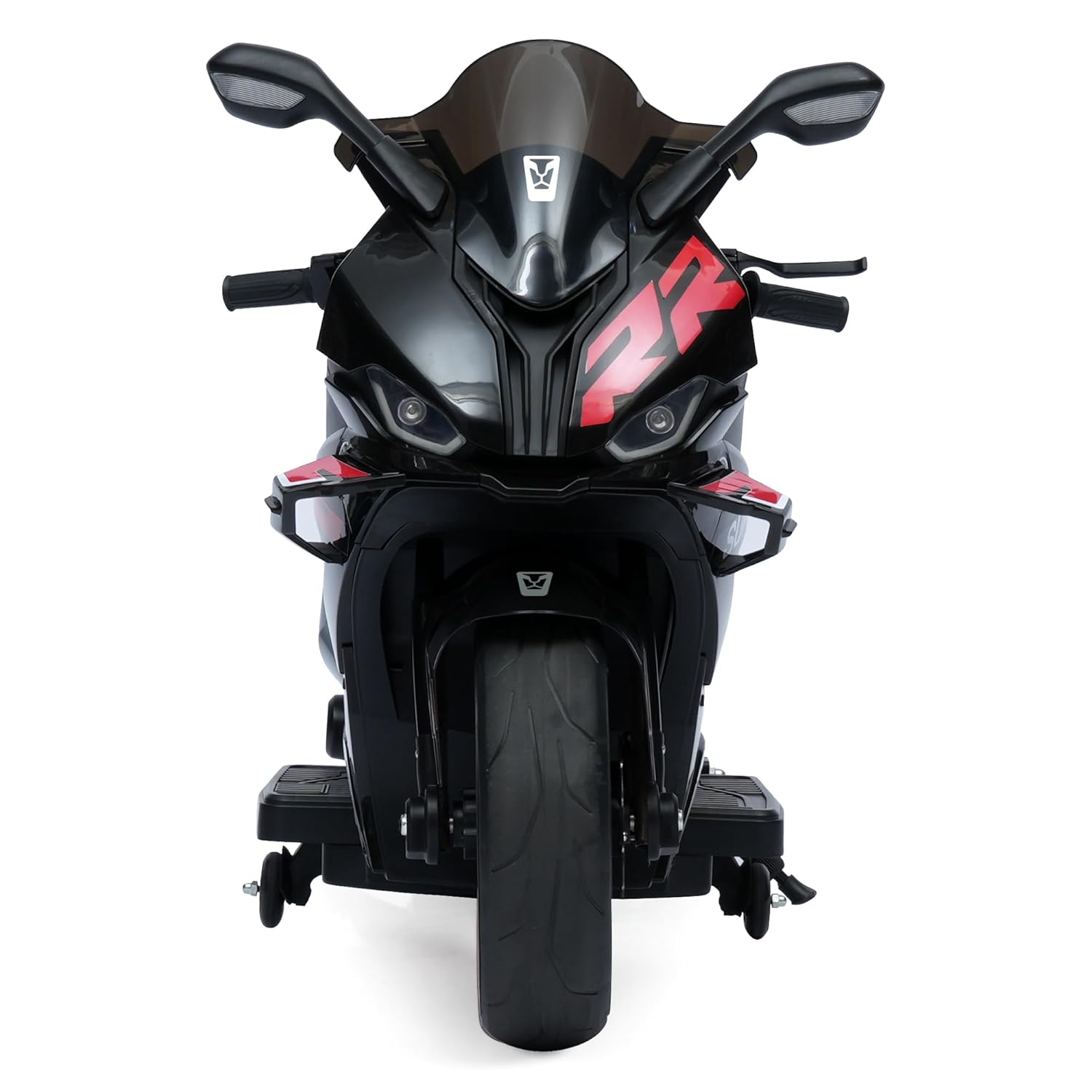 Kids' large black electric ride-on sport motorcycle with 12V 8Ah battery, dual 45W motors, and red training wheels.www.usmile.toys